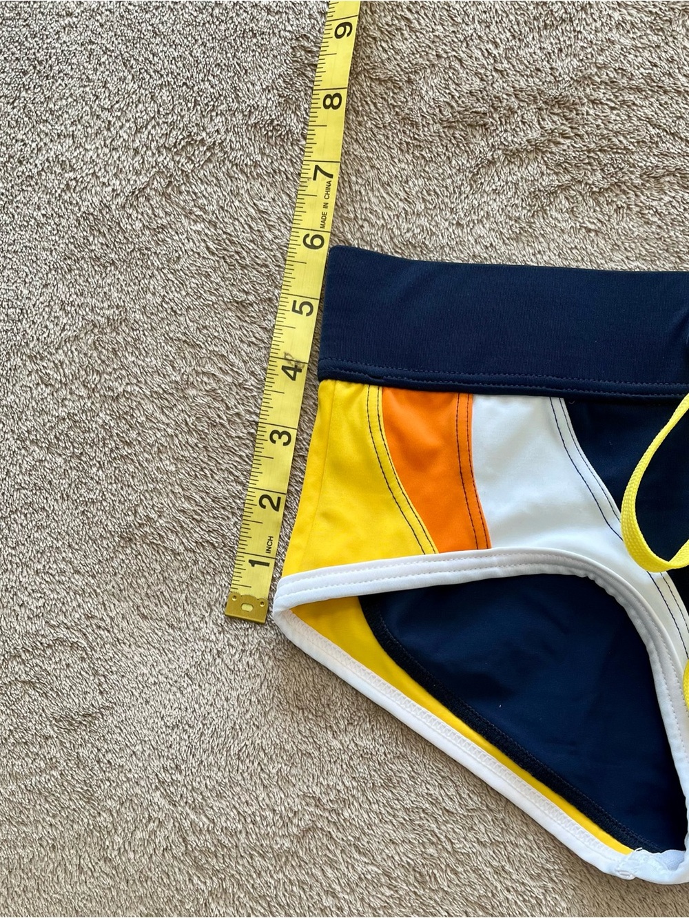 Men's Navy Colorblock Squarecut Swim Trunks with Yellow Drawcord - Picture 5 of 5